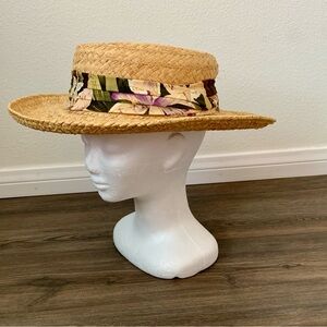 Fiesta Natural Straw Boater Hat with Olive and Purple Floral Band
